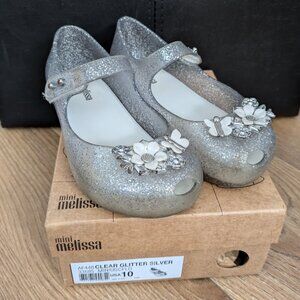 Mini Melissa Ultragirl Chrome Flower Clear Glitter Silver Jelly Flats Child 10